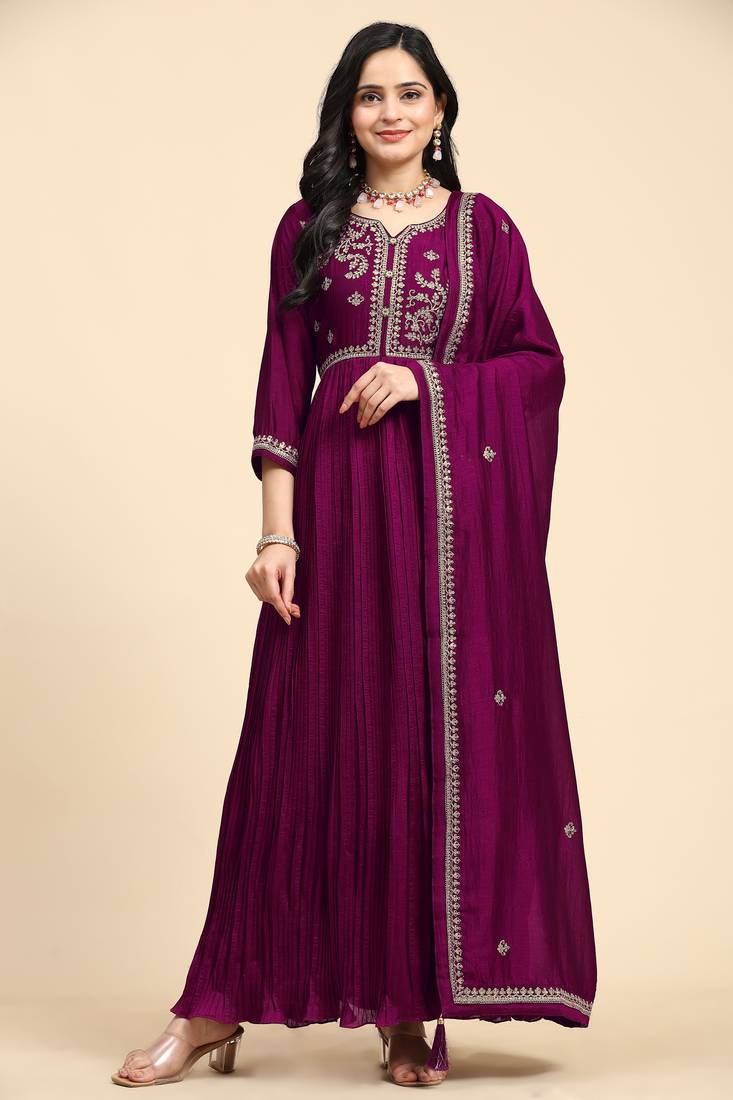  Vichitra Silk Embroidery Salwar Suit Set Anarkali Kurta Set with Dupatta