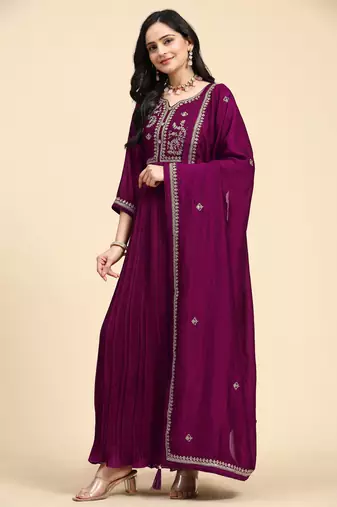 Trendmalls  Vichitra Silk Embroidery Salwar Suit Set Anarkali Kurta Set with Dupatta