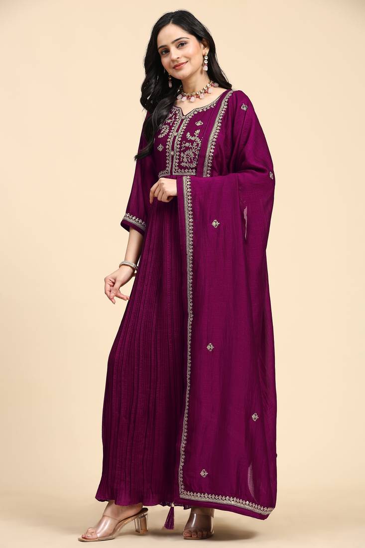  Vichitra Silk Embroidery Salwar Suit Set Anarkali Kurta Set with Dupatta