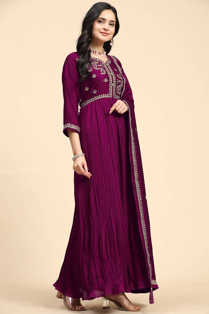  Vichitra Silk Embroidery Salwar Suit Set Anarkali Kurta Set with Dupatta