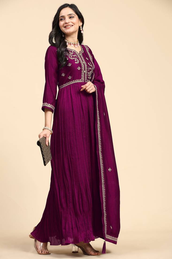  Vichitra Silk Embroidery Salwar Suit Set Anarkali Kurta Set with Dupatta