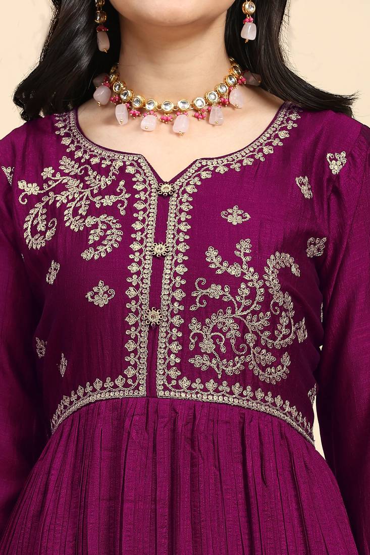  Vichitra Silk Embroidery Salwar Suit Set Anarkali Kurta Set with Dupatta