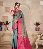 KORAMS DESIGN RAMA BANARASI SILK BLEND WOVEN ZARI SAREE WITH BLOUSE FOR WOMEN