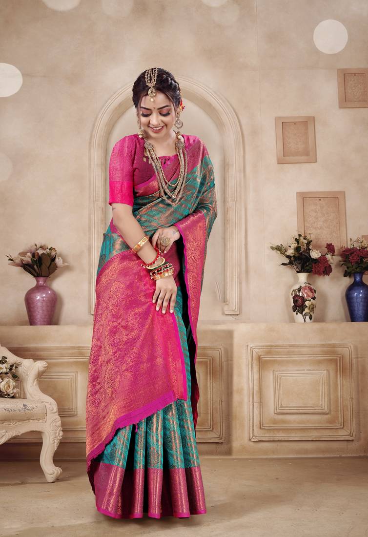 KORAMS DESIGN RAMA BANARASI SILK BLEND WOVEN ZARI SAREE WITH BLOUSE FOR WOMEN