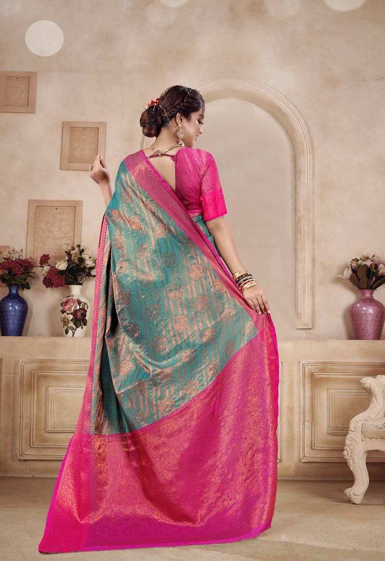 KORAMS DESIGN RAMA BANARASI SILK BLEND WOVEN ZARI SAREE WITH BLOUSE FOR WOMEN