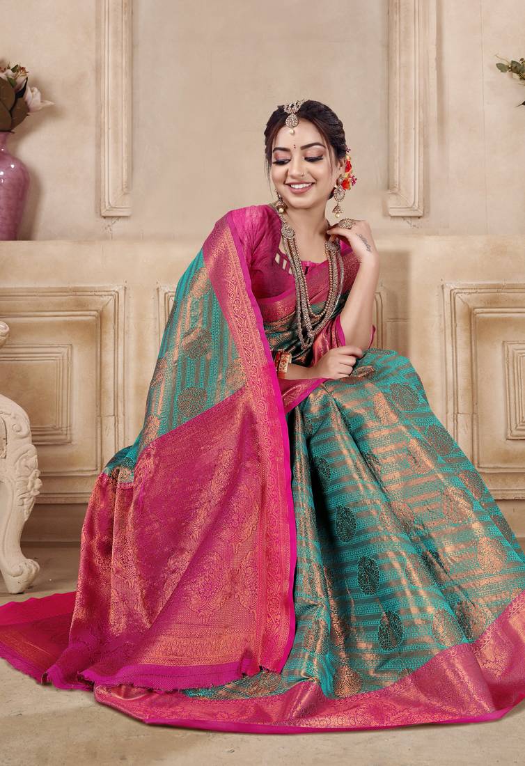 KORAMS DESIGN RAMA BANARASI SILK BLEND WOVEN ZARI SAREE WITH BLOUSE FOR WOMEN