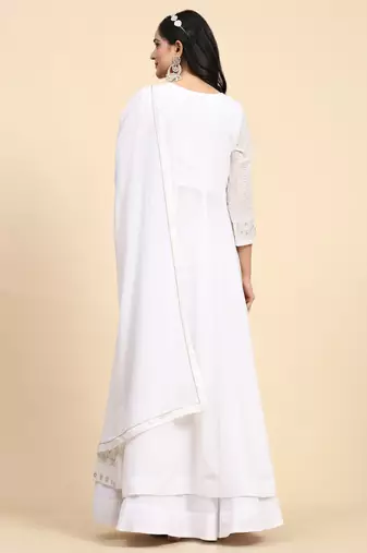 Trendmalls White Georgette Embroidery Salwar Suit Set Kurta with Dupatta