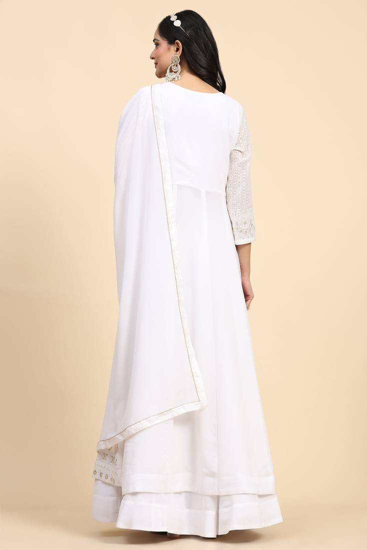 White Georgette Embroidery Salwar Suit Set Kurta with Dupatta