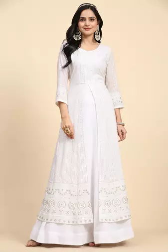 Trendmalls White Georgette Embroidery Salwar Suit Set Kurta with Dupatta