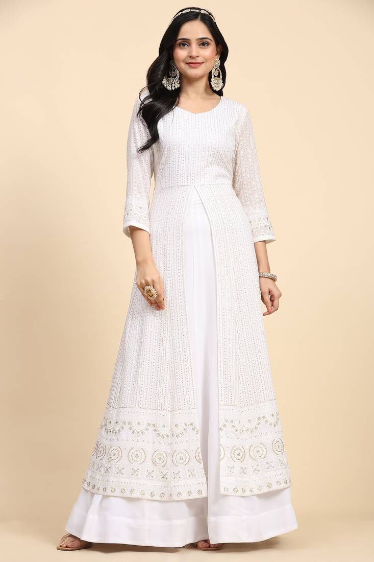 White Georgette Embroidery Salwar Suit Set Kurta with Dupatta
