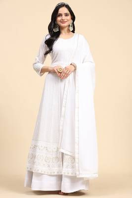 White Georgette Embroidery Salwar Suit Set Kurta with Dupatta 5