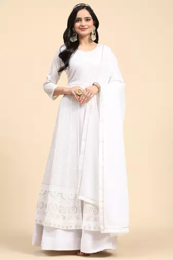 Trendmalls White Georgette Embroidery Salwar Suit Set Kurta with Dupatta