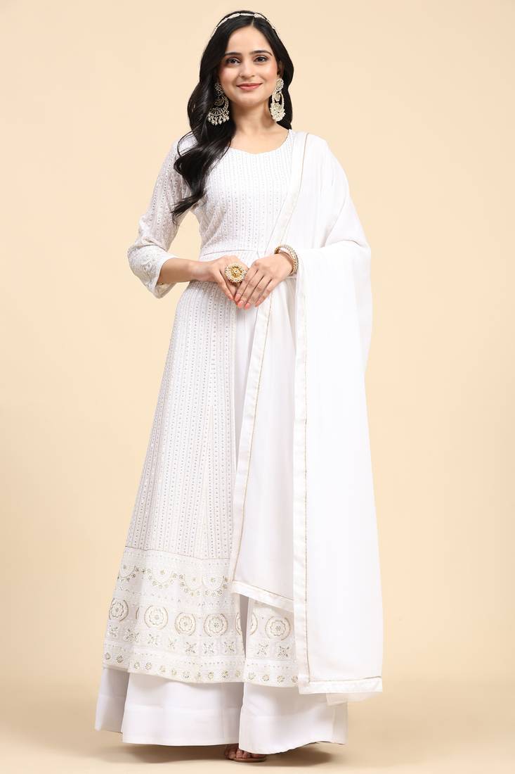White Georgette Embroidery Salwar Suit Set Kurta with Dupatta