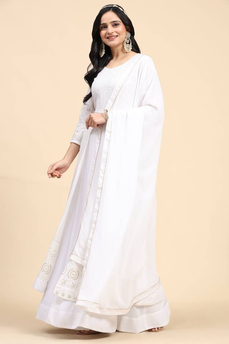 White Georgette Embroidery Salwar Suit Set Kurta with Dupatta