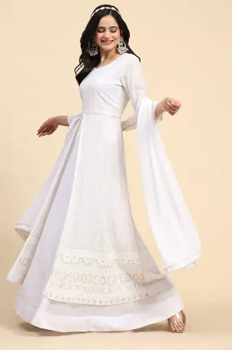 Trendmalls White Georgette Embroidery Salwar Suit Set Kurta with Dupatta