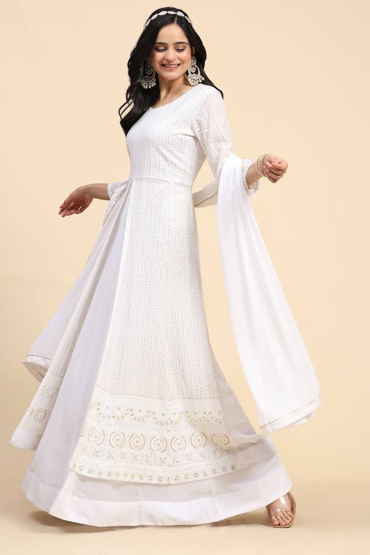 White Georgette Embroidery Salwar Suit Set Kurta with Dupatta