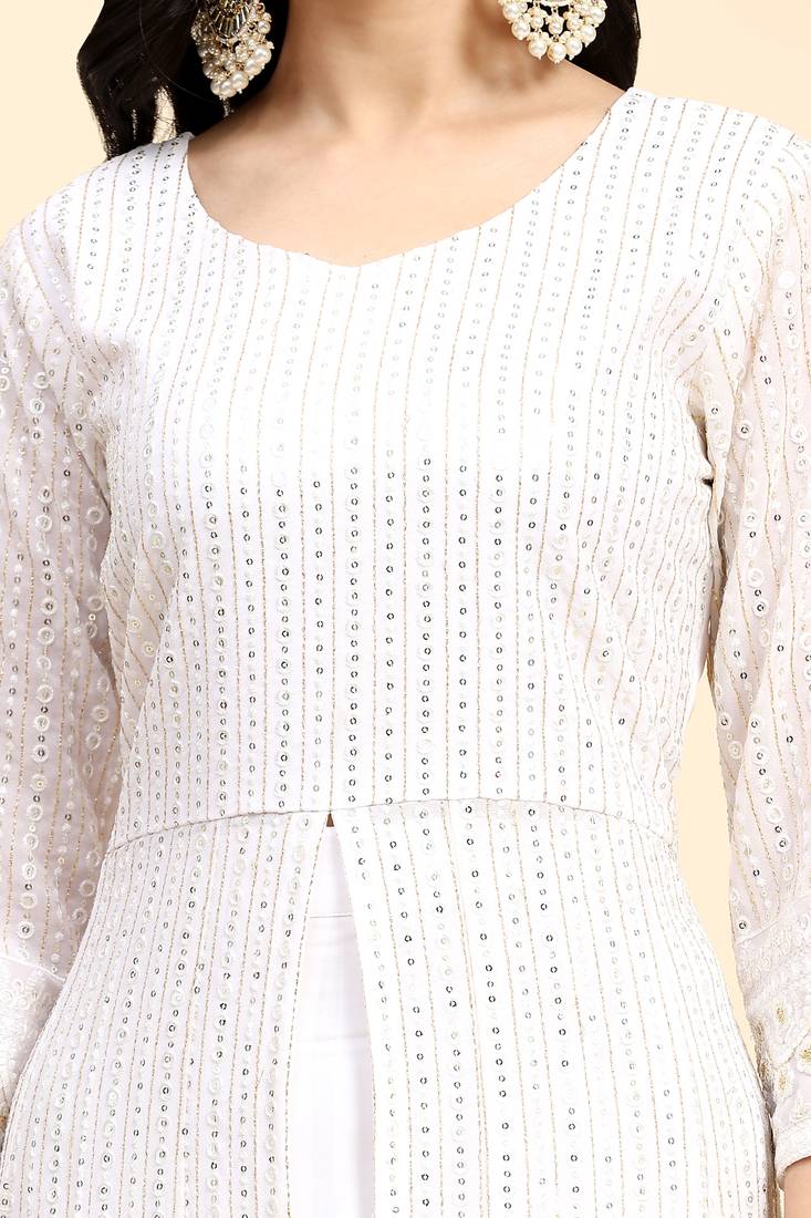 White Georgette Embroidery Salwar Suit Set Kurta with Dupatta