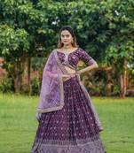 Women's Wine Georgette Foil Print With Embroidered Zari Work Varnish Wedding Lehenga Choli