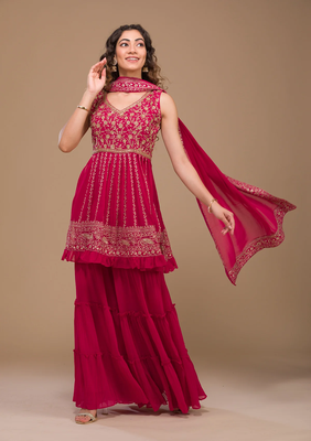 Womens Pink Designer Zariwork Georgette Readymade Sharara Suit 1