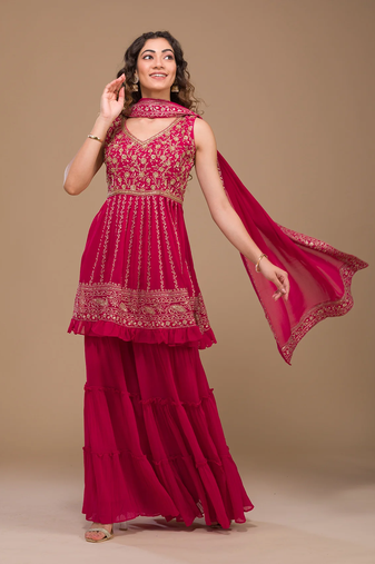 Pink Faux Georgette Zari Work Readymade Sharara Suit