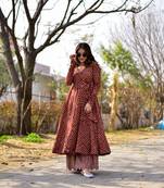 Women's maroon cotton silk digital printed designer kurti with palazzo