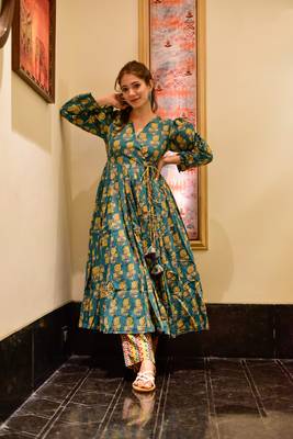 Women's teal cotton silk digital printed designer kurti with pant 1