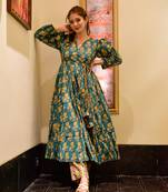 Women's teal cotton silk digital printed designer kurti with pant