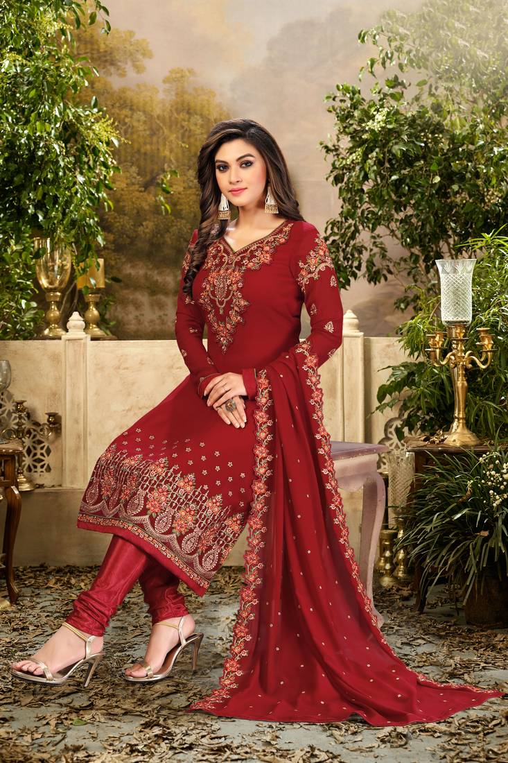 Trendmalls  Georgette Embroidery Salwar Suit Set Kurta Pant with Dupatta
