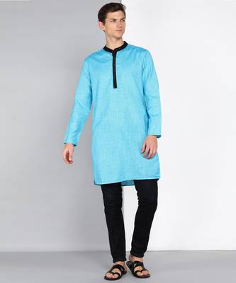 men's turquoise linen cotton long kurta 1