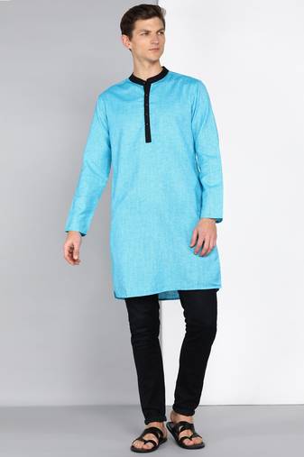 men's turquoise linen cotton long kurta