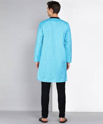 men's turquoise linen cotton long kurta 2