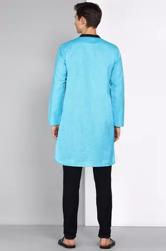 men's turquoise linen cotton long kurta