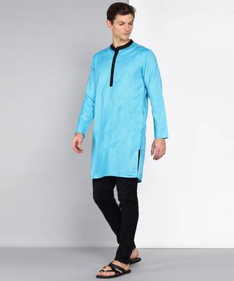 men's turquoise linen cotton long kurta 3