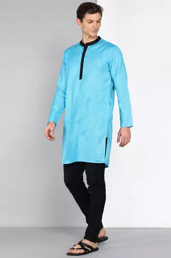 men's turquoise linen cotton long kurta
