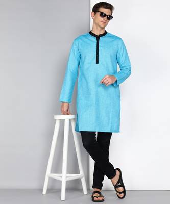 men's turquoise linen cotton long kurta 4