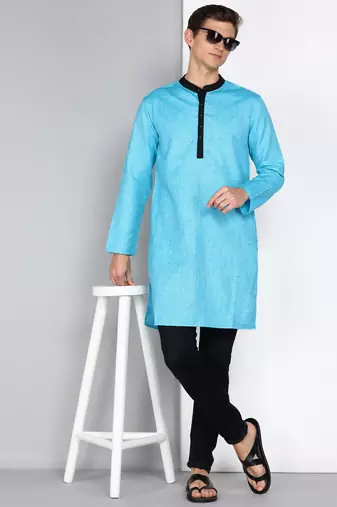 men's turquoise linen cotton long kurta