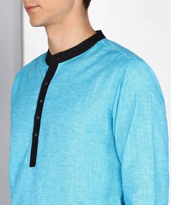 men's turquoise linen cotton long kurta 5