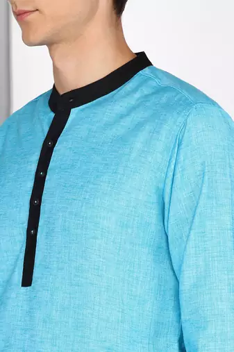 men's turquoise linen cotton long kurta