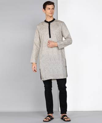 men's light brown linen cotton long kurta 1