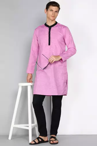 men's mauve linen cotton long kurta