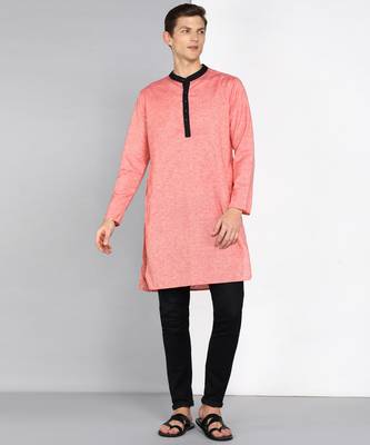 men's salmon peach linen cotton long kurta 1