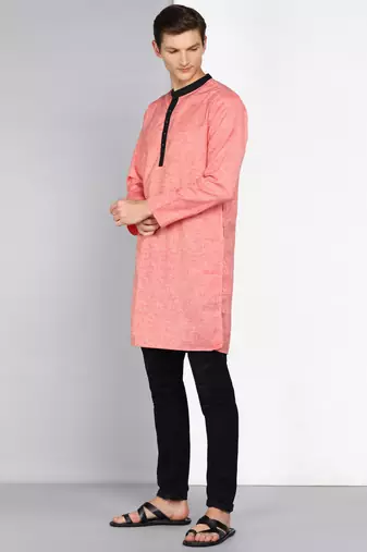 men's salmon peach linen cotton long kurta