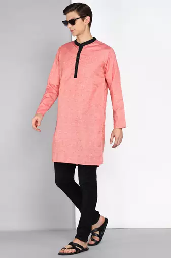 men's salmon peach linen cotton long kurta