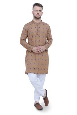 men's beige khaki lyocell festive long kurta 1