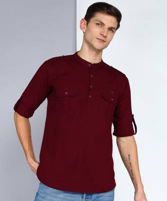 men's plum linen cotton short pathani kurta 1