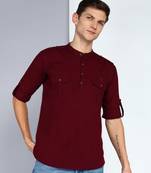 men's plum linen cotton short pathani kurta
