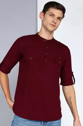 men's plum linen cotton short pathani kurta