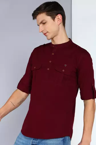 men's plum linen cotton short pathani kurta