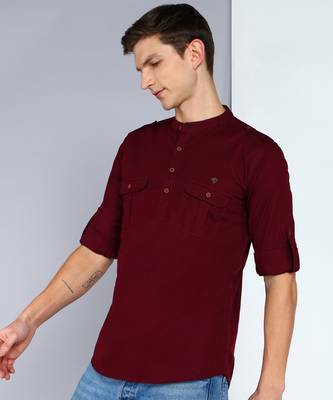 men's plum linen cotton short pathani kurta 4