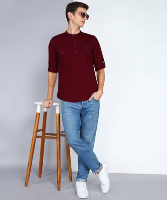 men's plum linen cotton short pathani kurta 5